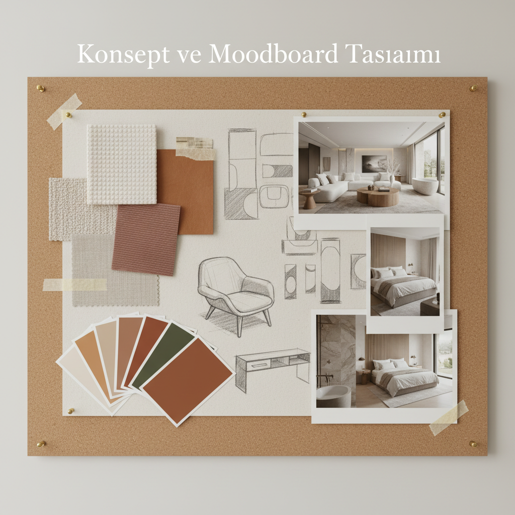 “Konsept ve Moodboard Tasarımı” başlığına uygun, iç mimarlık için hazırlanmış şık bir moodboard: kumaş ve doku örnekleri, renk paleti kartları, eskizler ve modern iç mekân fotoğraflarının kolajı, nötr ve sıcak tonlar, profesyonel ve estetik bir sunum