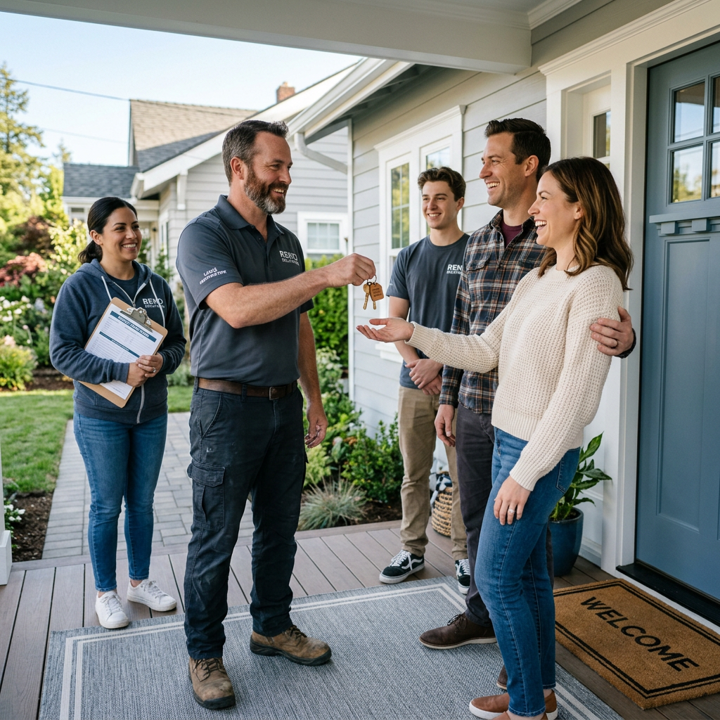 Contractor handing over house keys to a happy couple at a home entrance with two assistants nearby