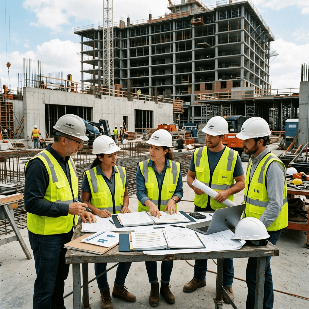 Group of construction workers and engineers discussing blueprints and documents at construction site