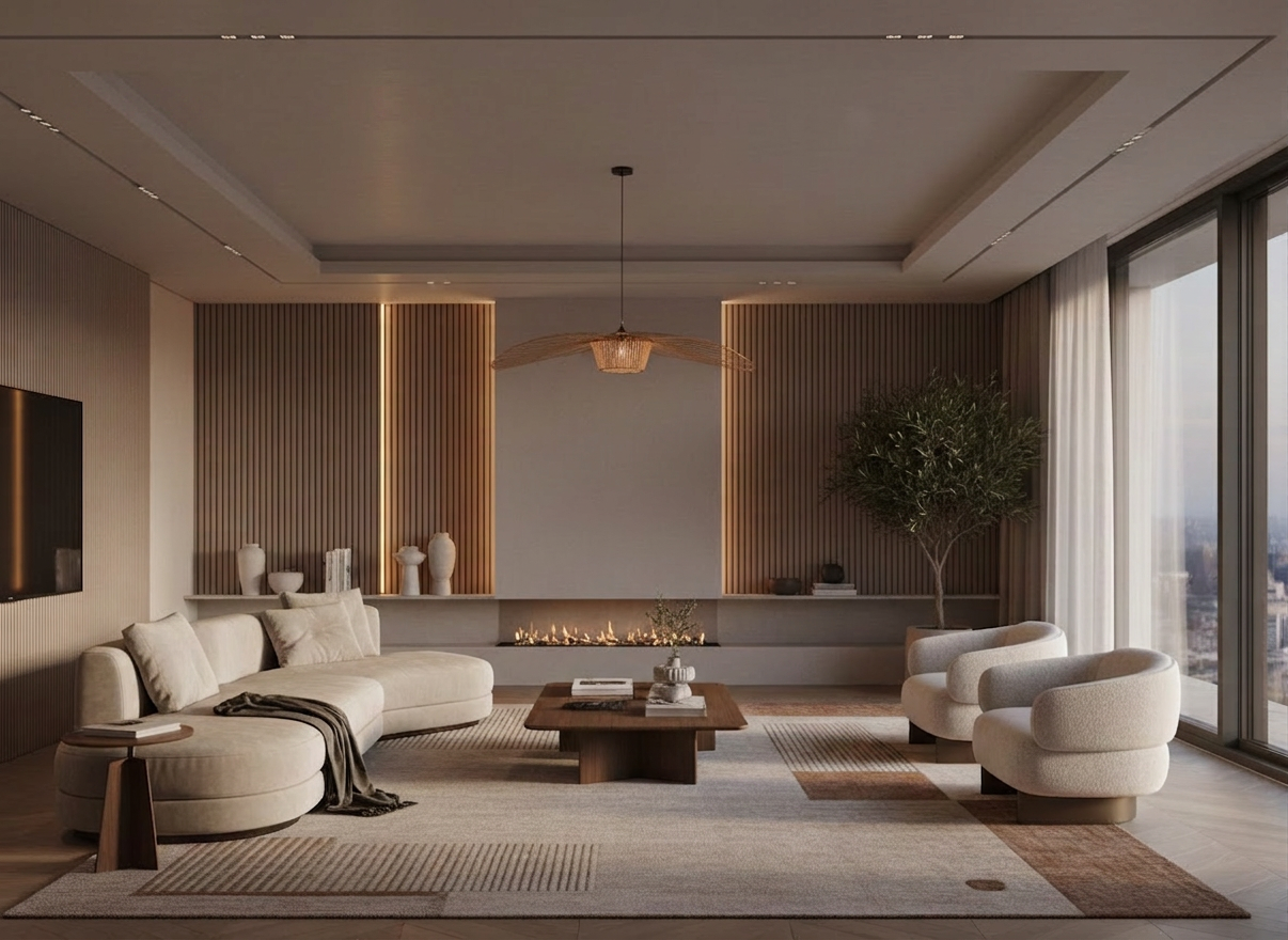 3d-render-gorsel İç mimarlık blogu için, “3D Render ve Görselleştirme” başlığına uygun, modern bir salonun profesyonel 3D render görseli: geniş açı, gerçekçi ışık-gölge, nötr ve sıcak tonlar, zarif mobilyalar, mimari detayları ve hacim duygusunu vurgulayan yüksek kaliteli görselleştirme