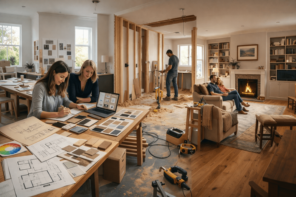 Four stages of home renovation: sketching floor plans, design collaboration, construction work, and completed cozy living room
