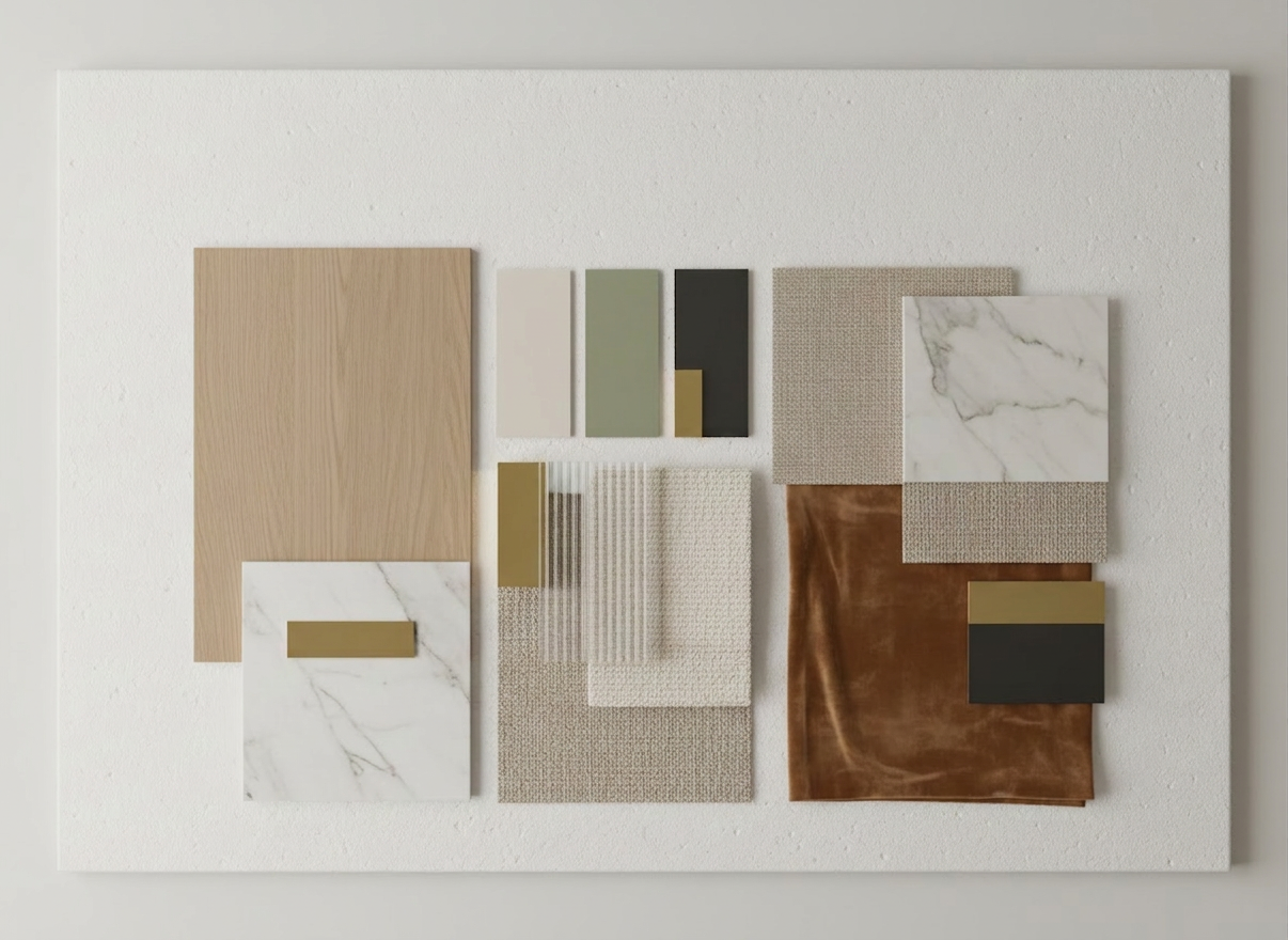 malzeme-ve-tasarim-detaylari-gorseli “Malzeme ve Tasarım Detayları” başlığına uygun, iç mimarlık için hazırlanmış profesyonel bir moodboard: ahşap, mermer ve tekstil numuneleri, renk paleti kartları, metal ve cam detaylar, nötr ve sıcak tonlar, üstten çekim, modern ve minimal stil, yüksek kaliteli fotoğraf