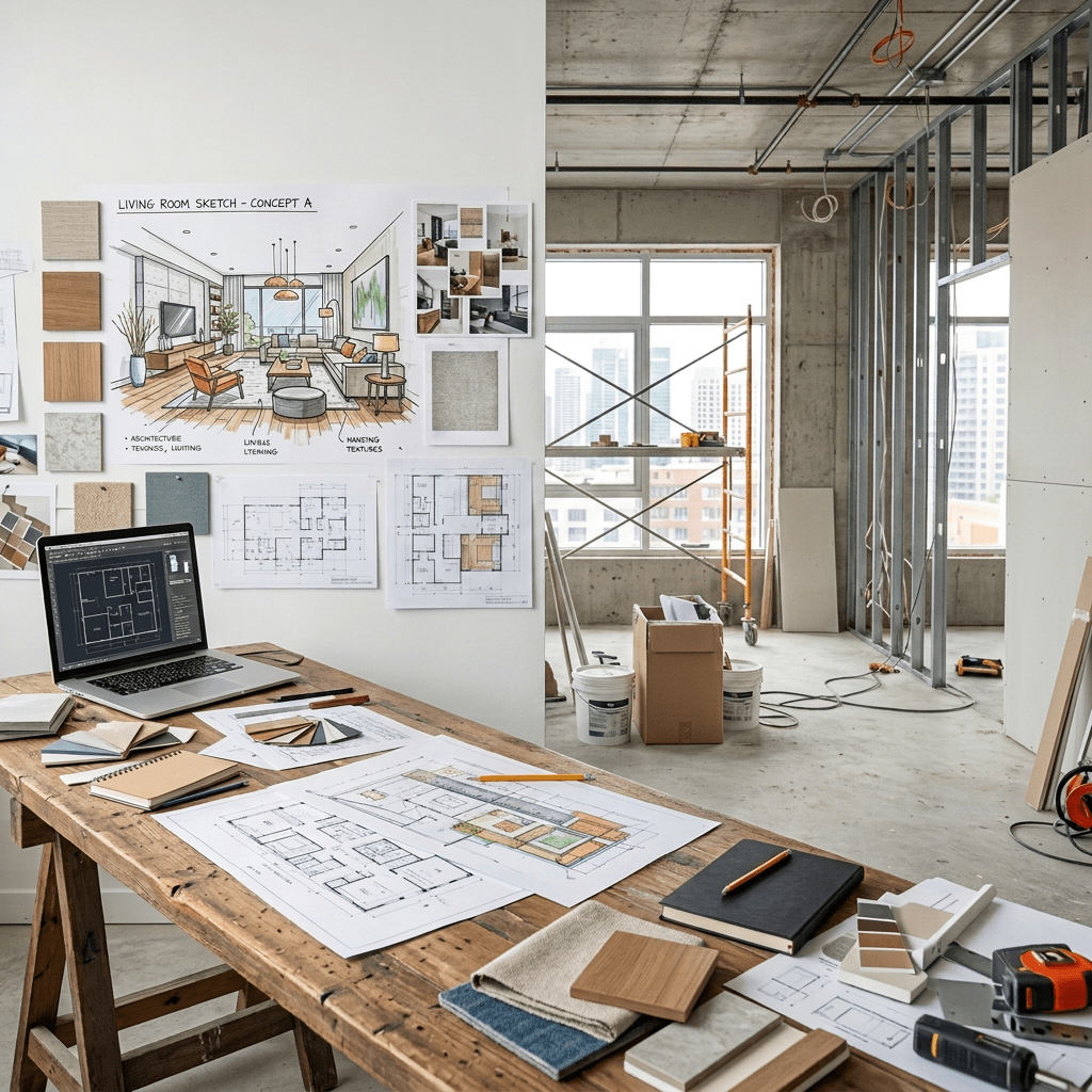 Architect reviewing floor plans at a wooden table with construction workers installing drywall behind