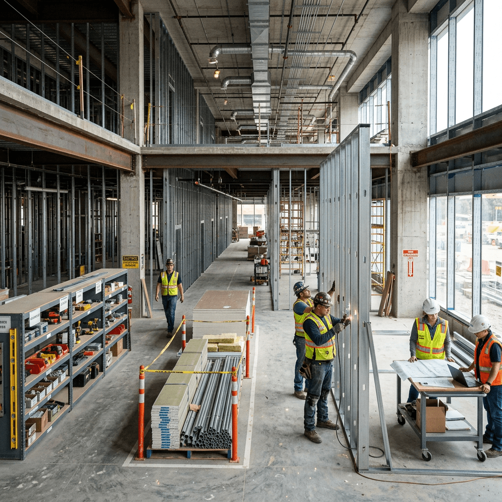 Workers welding metal studs and others looking at construction plans inside unfinished building