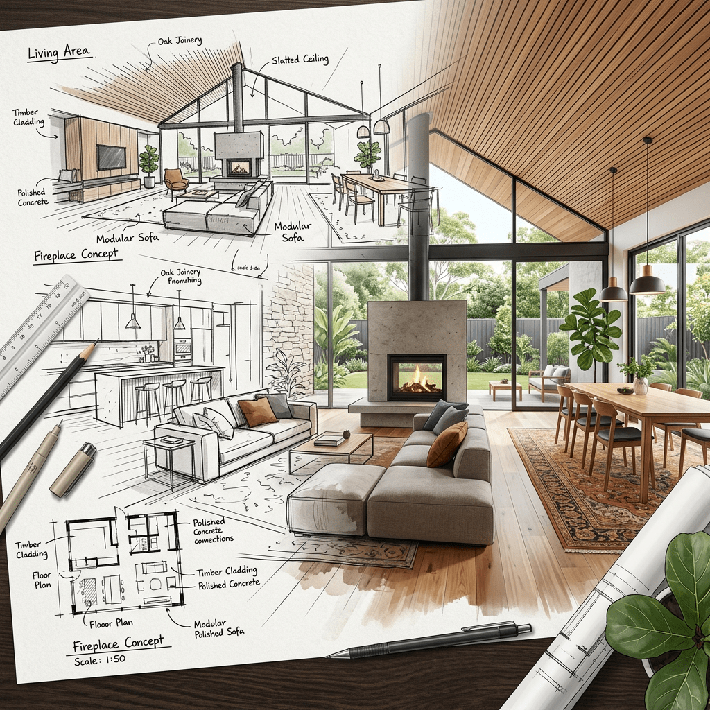Concept drawings transforming into finished interior space