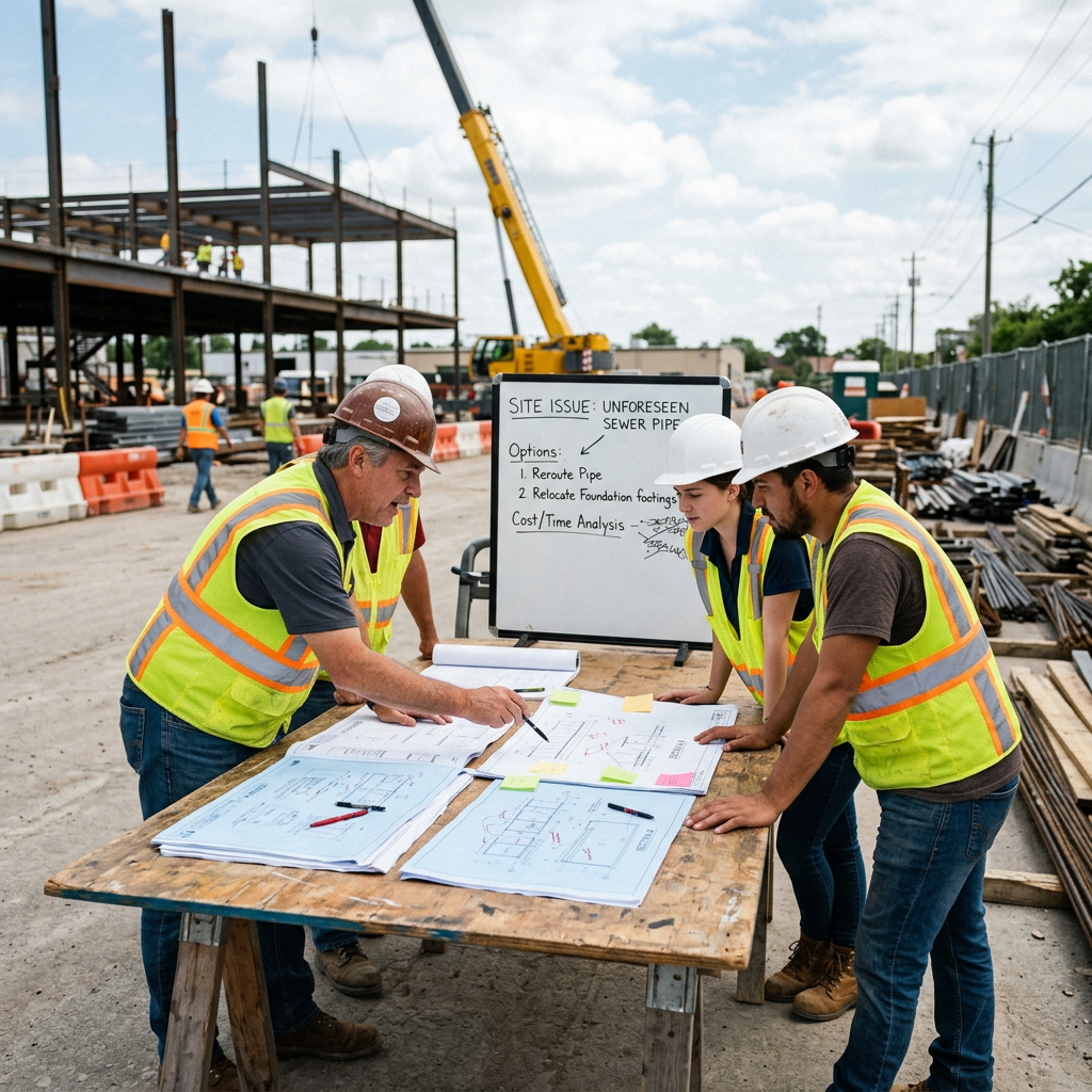 Three construction workers in safety gear consulting blueprints at a table with a site issue whiteboard
