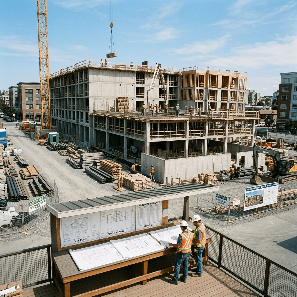 Construction workers in safety gear reviewing blueprints at a large building under construction with cranes and scaffolding