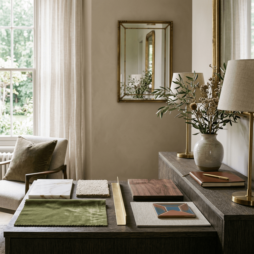 Material samples including fabric swatches, wood pieces, tile, and metal trim arranged on a wooden desk.