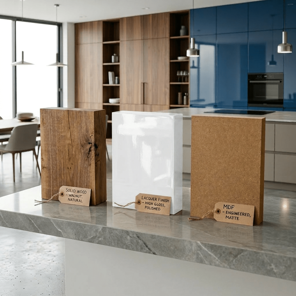 Samples of solid walnut wood, high gloss lacquer finish, and matte MDF on a kitchen countertop