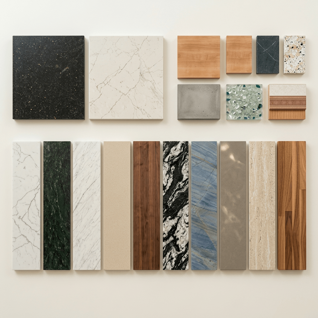 Display of quartz, granite, marble, solid surface, and butcher block countertop samples with labels