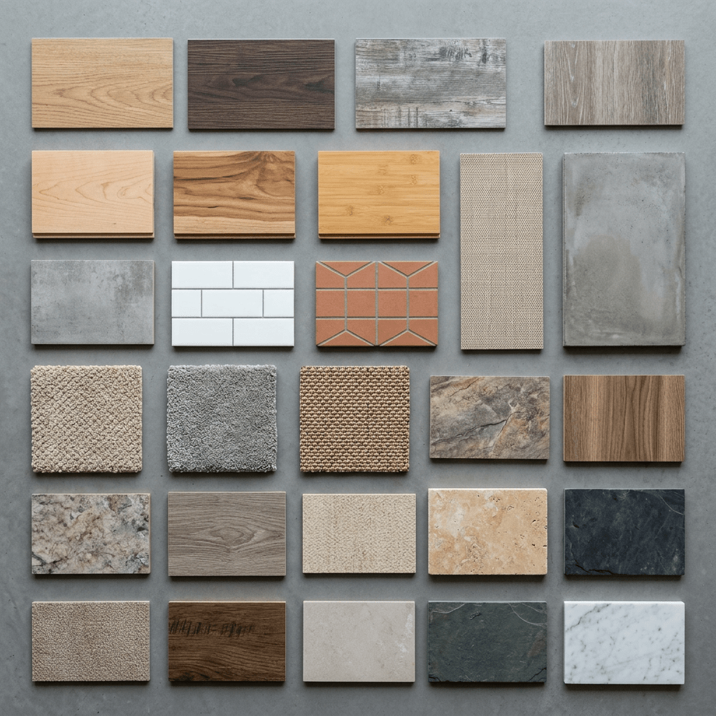 Rectangular samples of wood, tile, carpet, marble, and stone materials arranged in neat rows and columns