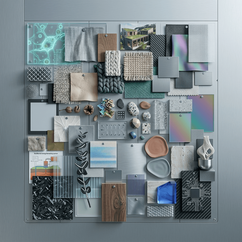 Mood board of sustainable interior materials including textiles, wood, brass, ceramics, and natural fibers labeled with trend names.