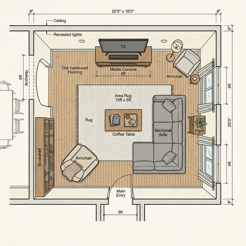 Top-down living room layout with sectional sofa, armchairs, media console, coffee table, rug, bookshelf, and plant
