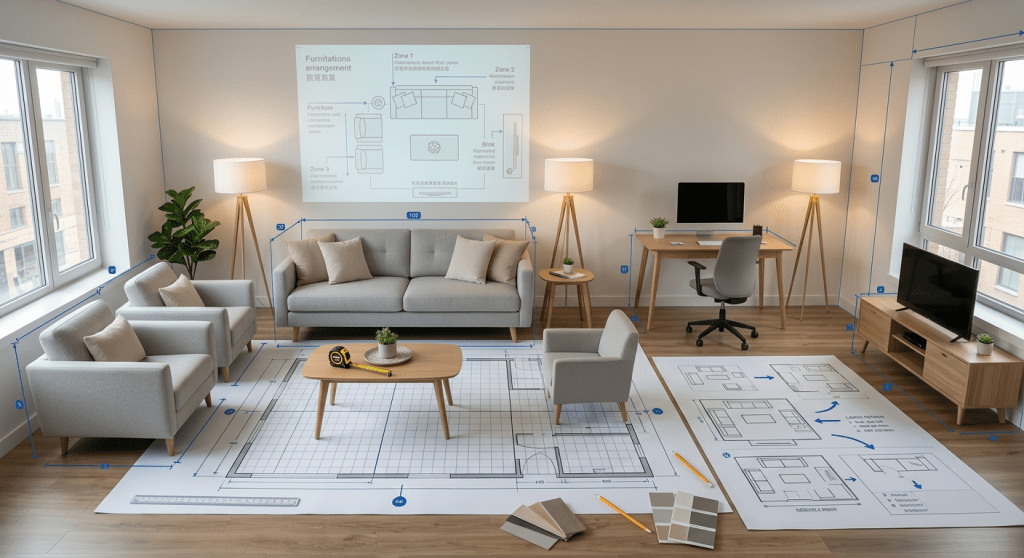 House floor plan with red annotations marking mistakes and blue annotations suggesting corrections for layout and privacy improvements