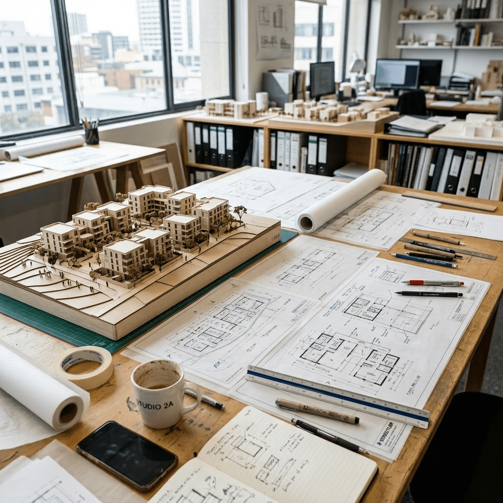 Architect reviewing floor plans with scale model of buildings on desk