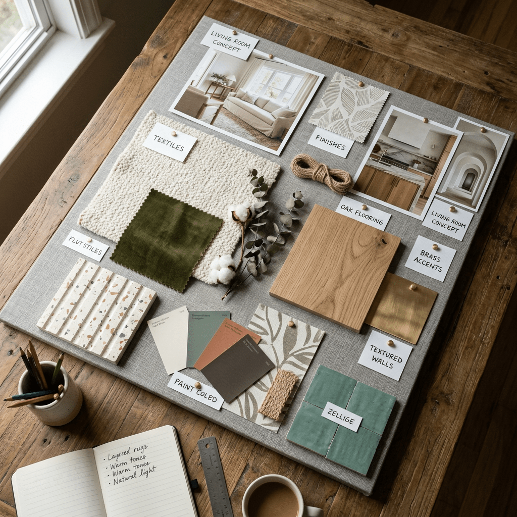 Interior design mood board with textiles, finishes, paint colors, oak flooring, brass accents, zellige tiles, and living room concept photos