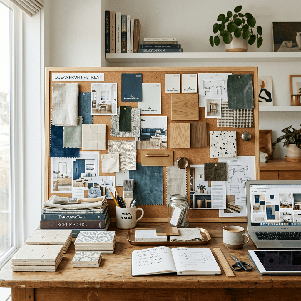 Mood board with fabric swatches, wood samples, sketches and photos for interior design