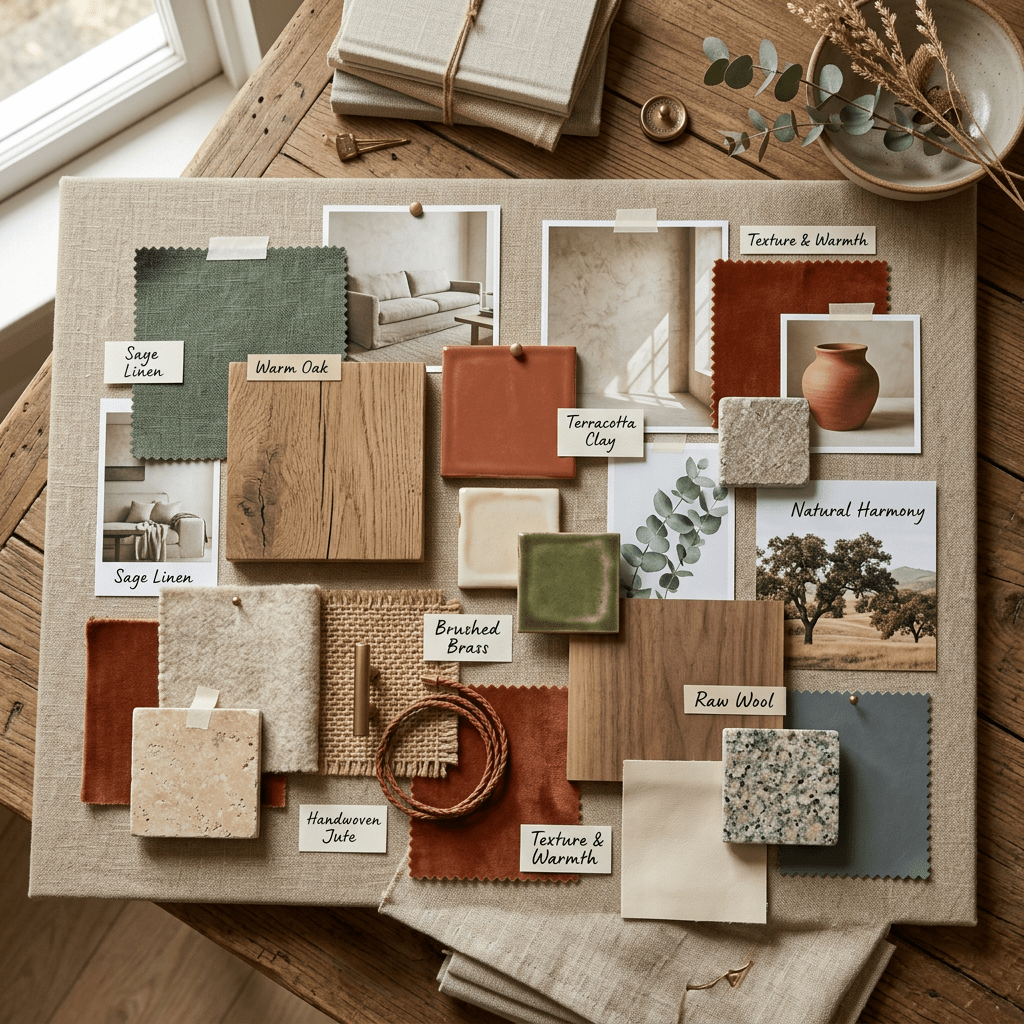 Mood board with fabric swatches, wood samples, tiles, and photos labeled with natural material names