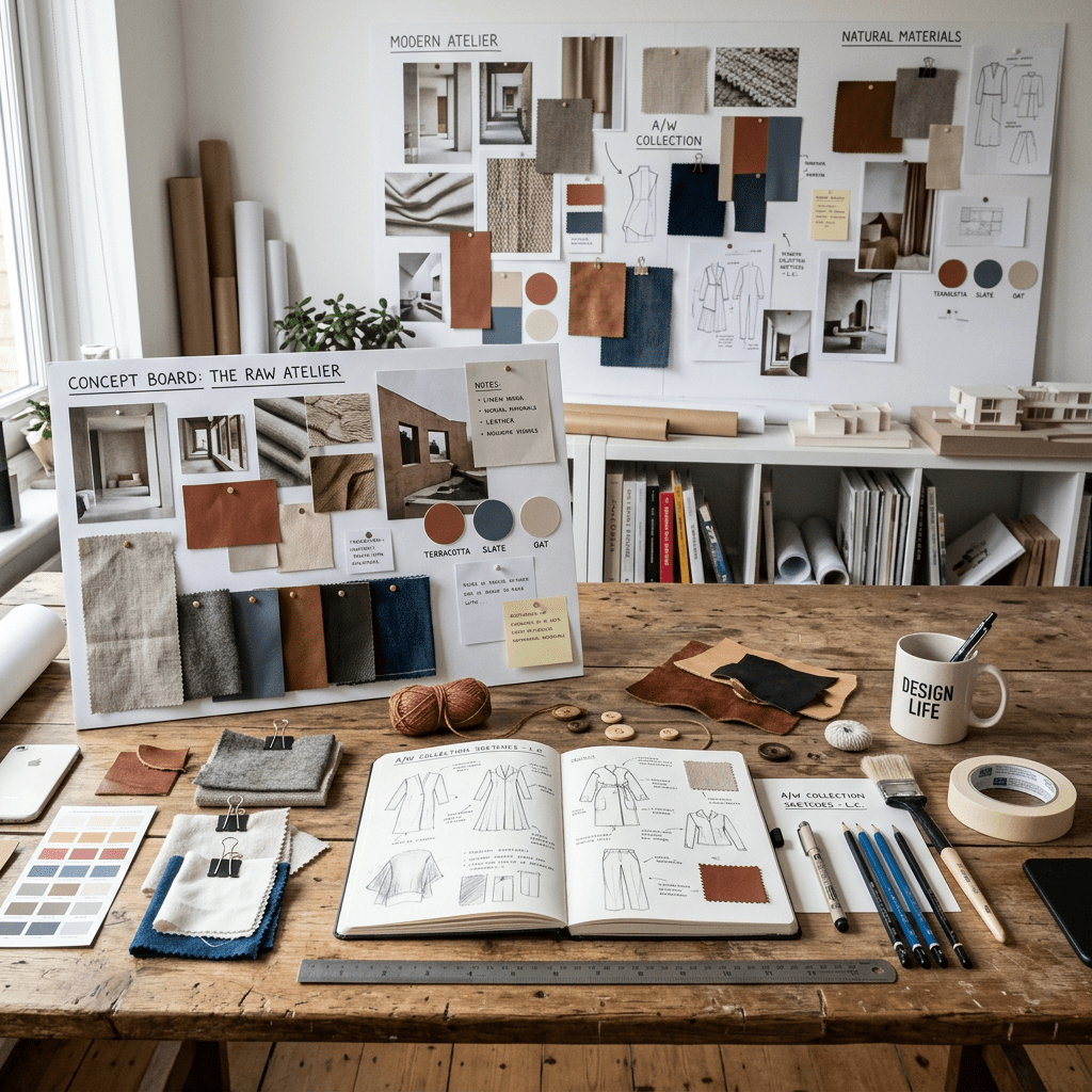 Workspace with fashion concept boards, fabric samples, sketches, and drawing tools