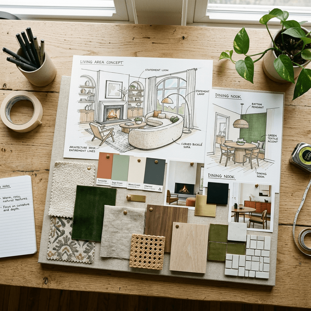 Interior design mood board with materials and sketches