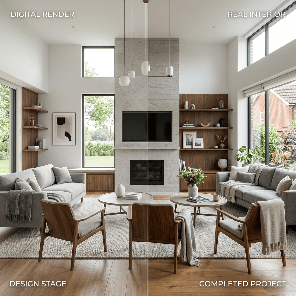 Split image showing digital rendering and completed interior of a modern living room with sofas, chairs, and fireplace
