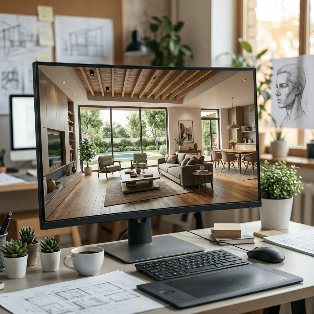Modern living room design with wooden ceiling beams and large windows