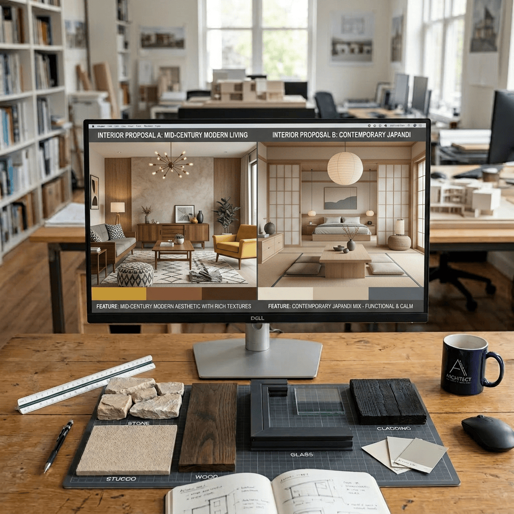 Interior decoration render variations on screen