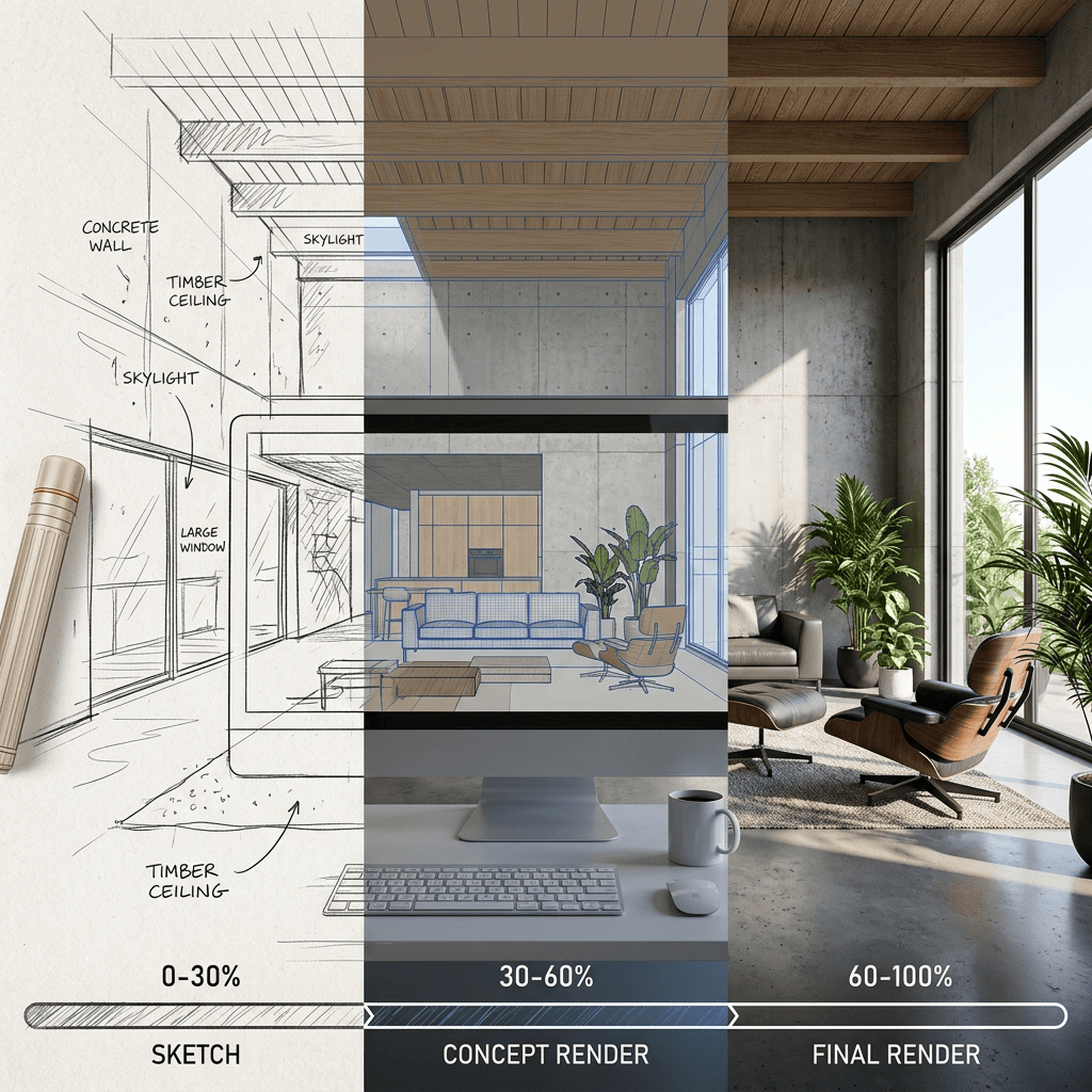 Interior design process showing sketch, concept render, and final render of a modern living room