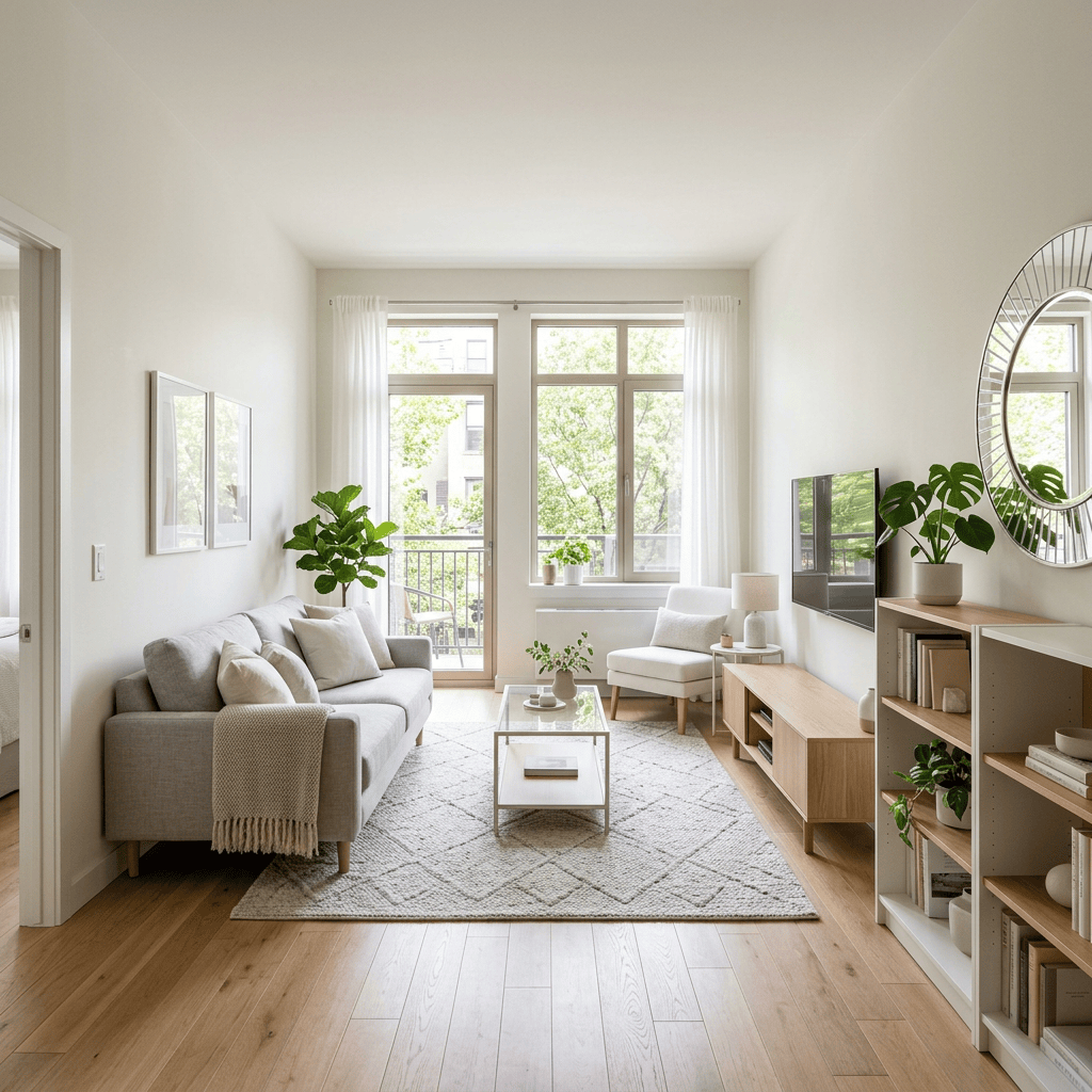 Modern living room with gray sofa, armchair, coffee table, plants, and large windows