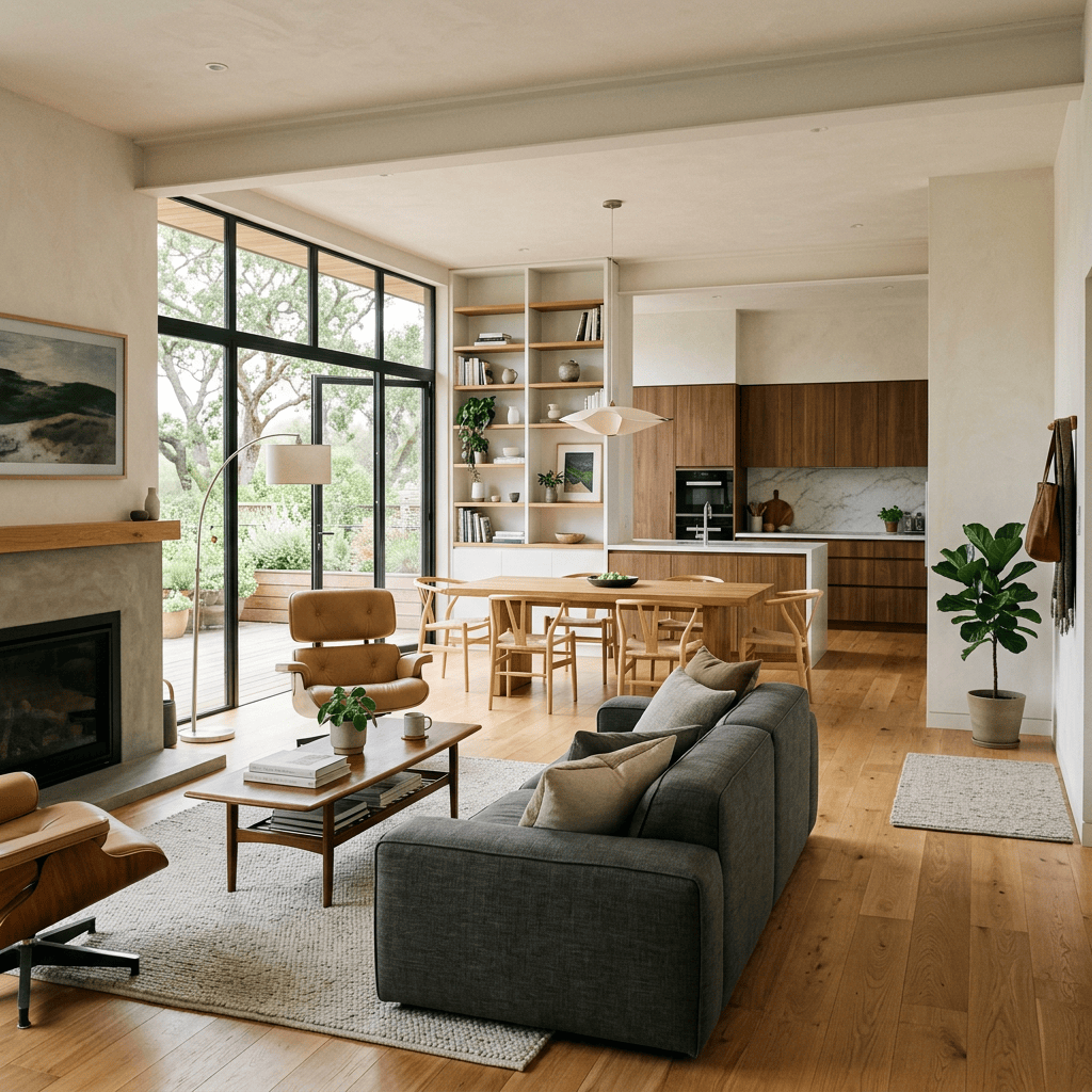 Open-plan living room and kitchen featuring large windows, wooden furniture, and neutral decor