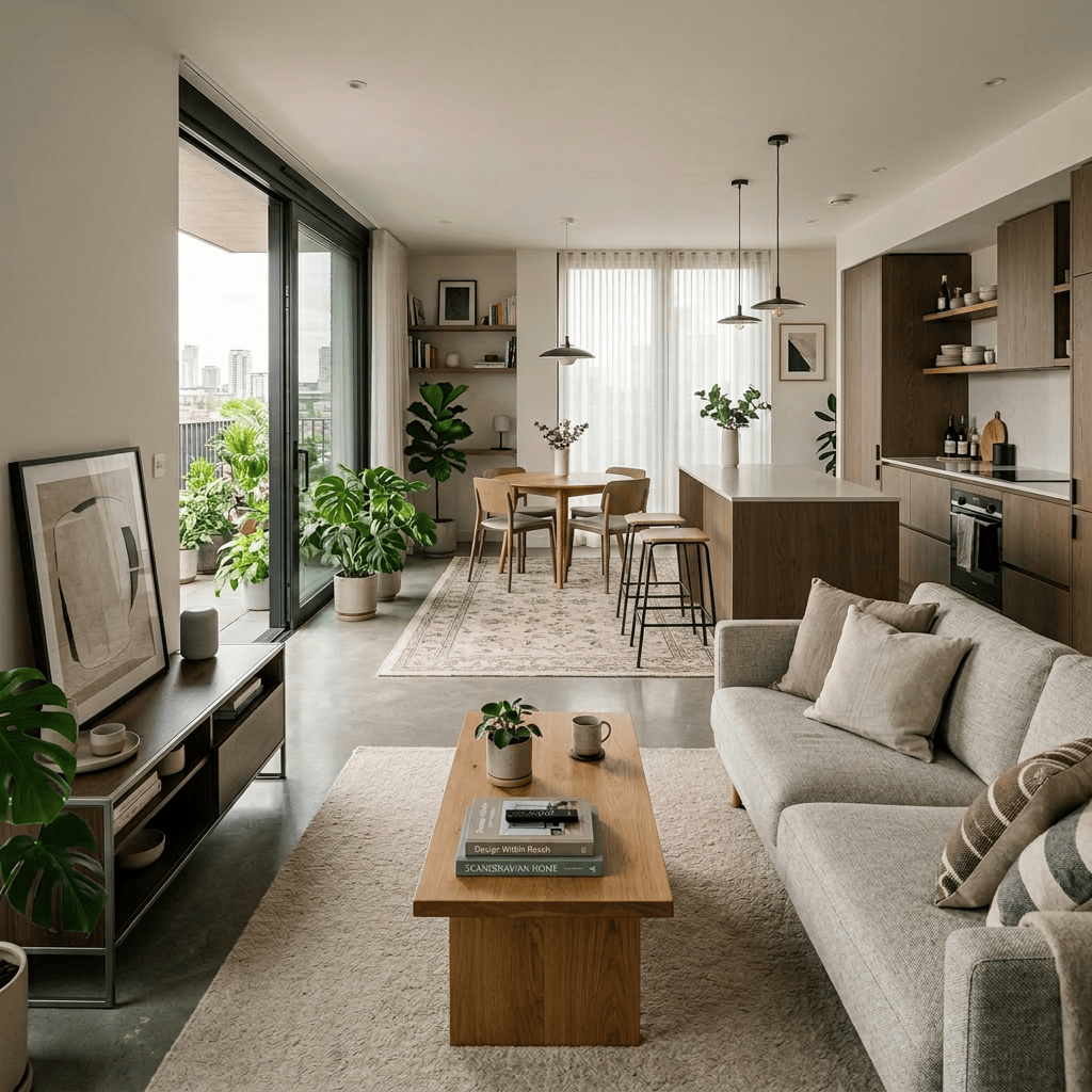 Open-plan living room and kitchen with a man sitting on a stool reading a book and holding a coffee mug