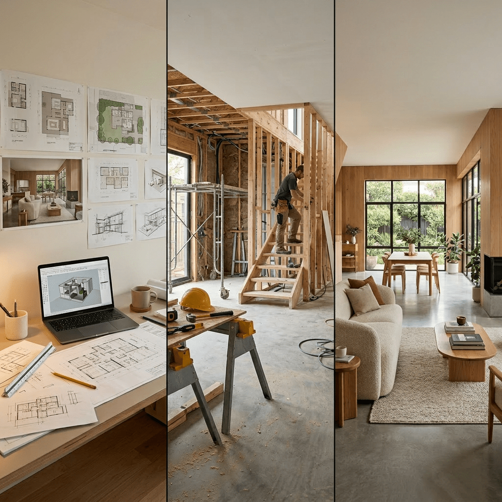 Home project stages showing architectural plans, construction site, and completed interior