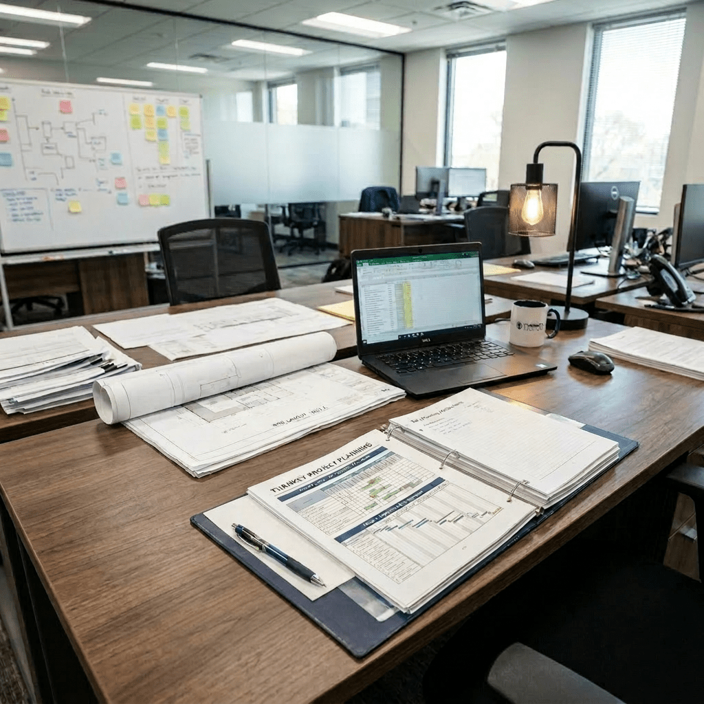 Engineer writing notes on project planning documents with laptop and calculator