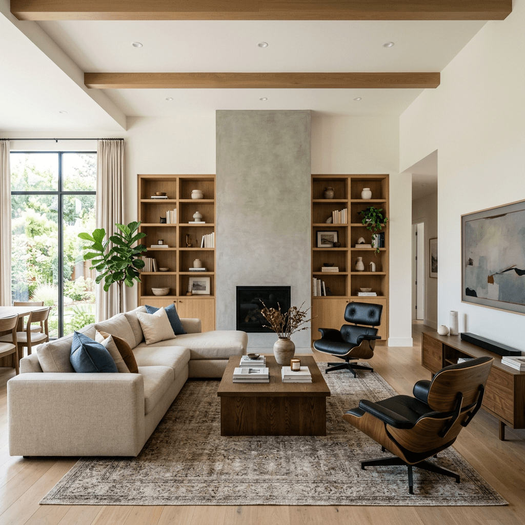 Living room with beige sectional sofa, wooden coffee table, fireplace, black mid-century chairs, and built-in wooden shelves