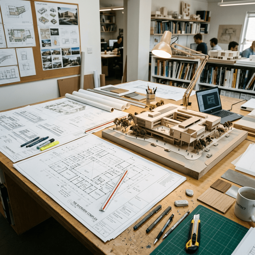 Architectural plans, scale building model, drafting tools on workspace