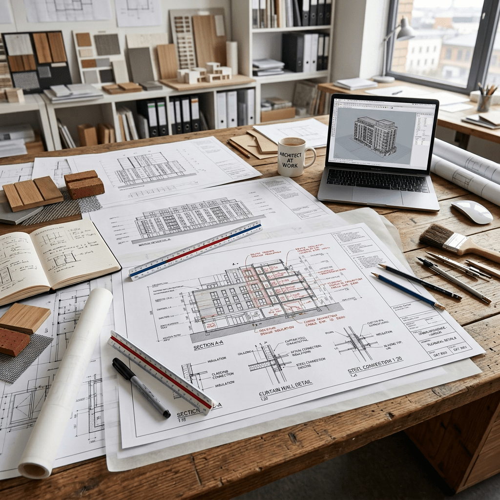 Architectural blueprints with annotations, a laptop showing a 3D building model, and various drafting tools on a wooden desk