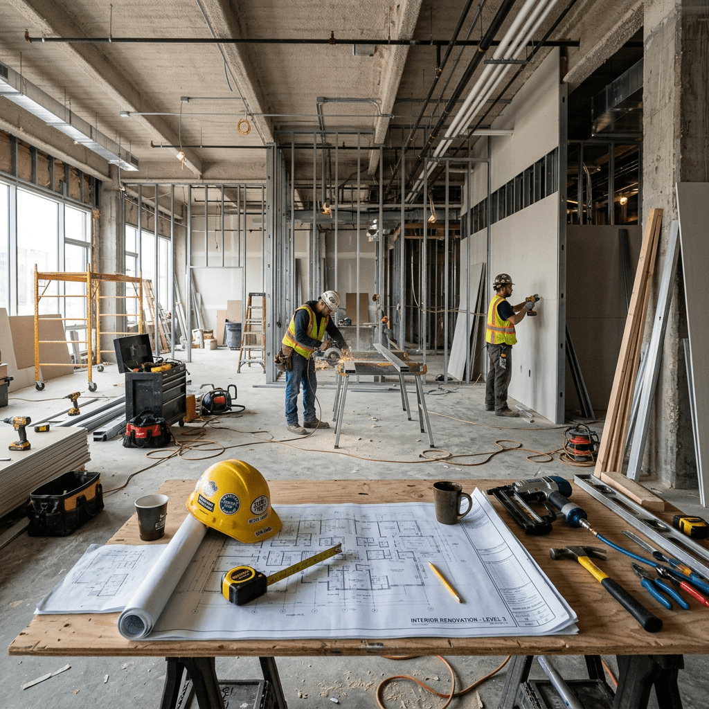 Interior construction site with plans and tools