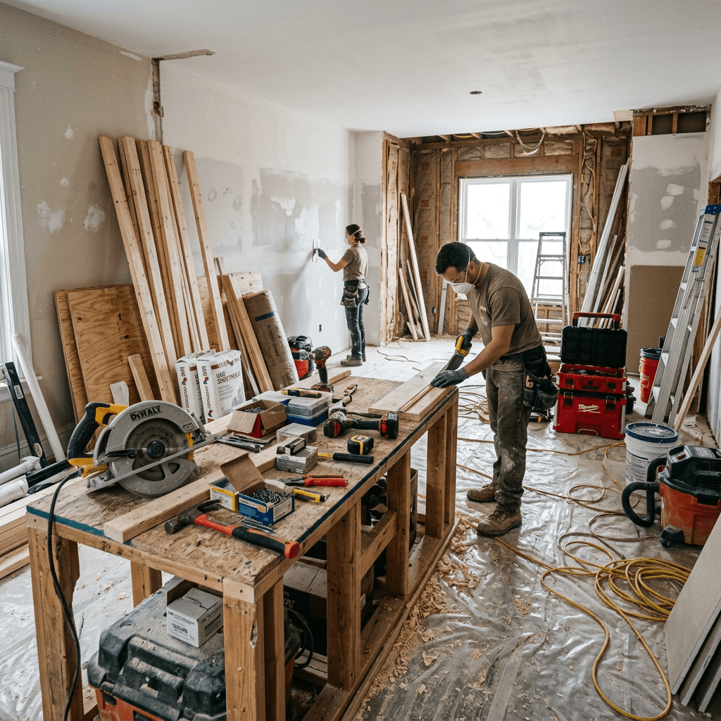 Two people renovating an interior room with woodworking tools and materials