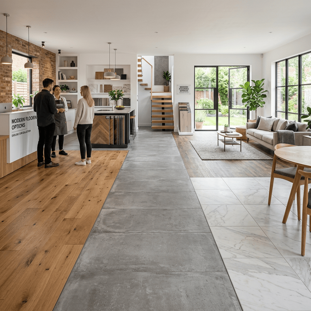Three people standing in a showroom discussing modern flooring samples
