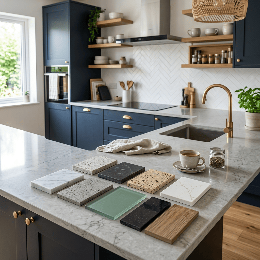 Modern kitchen with countertop material samples