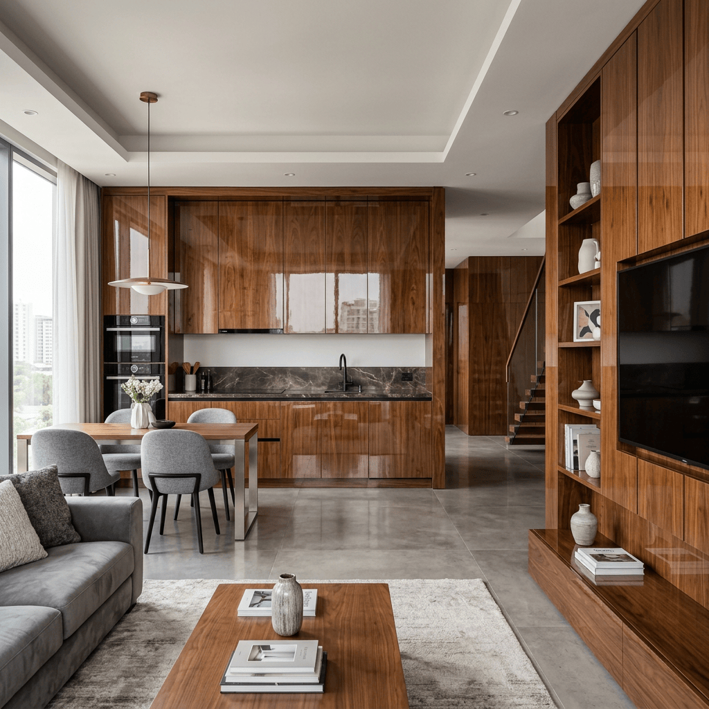 Open living room and kitchen with wooden cabinets, grey sofa, dining table, and built-in shelves