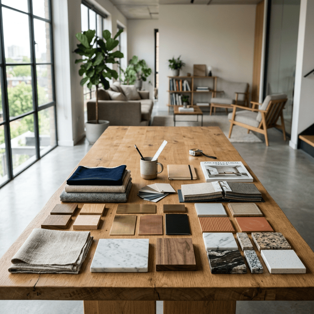 Fabric swatches, wood blocks, metal plates, tile samples, paint chips, and notebooks arranged on a wooden table