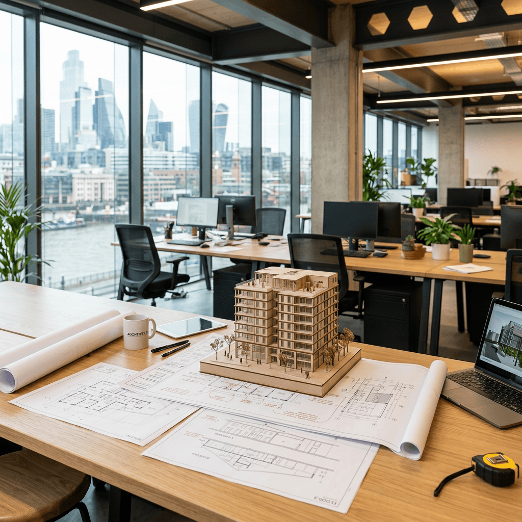 Architect working on architectural blueprints at office desk with city skyline visible