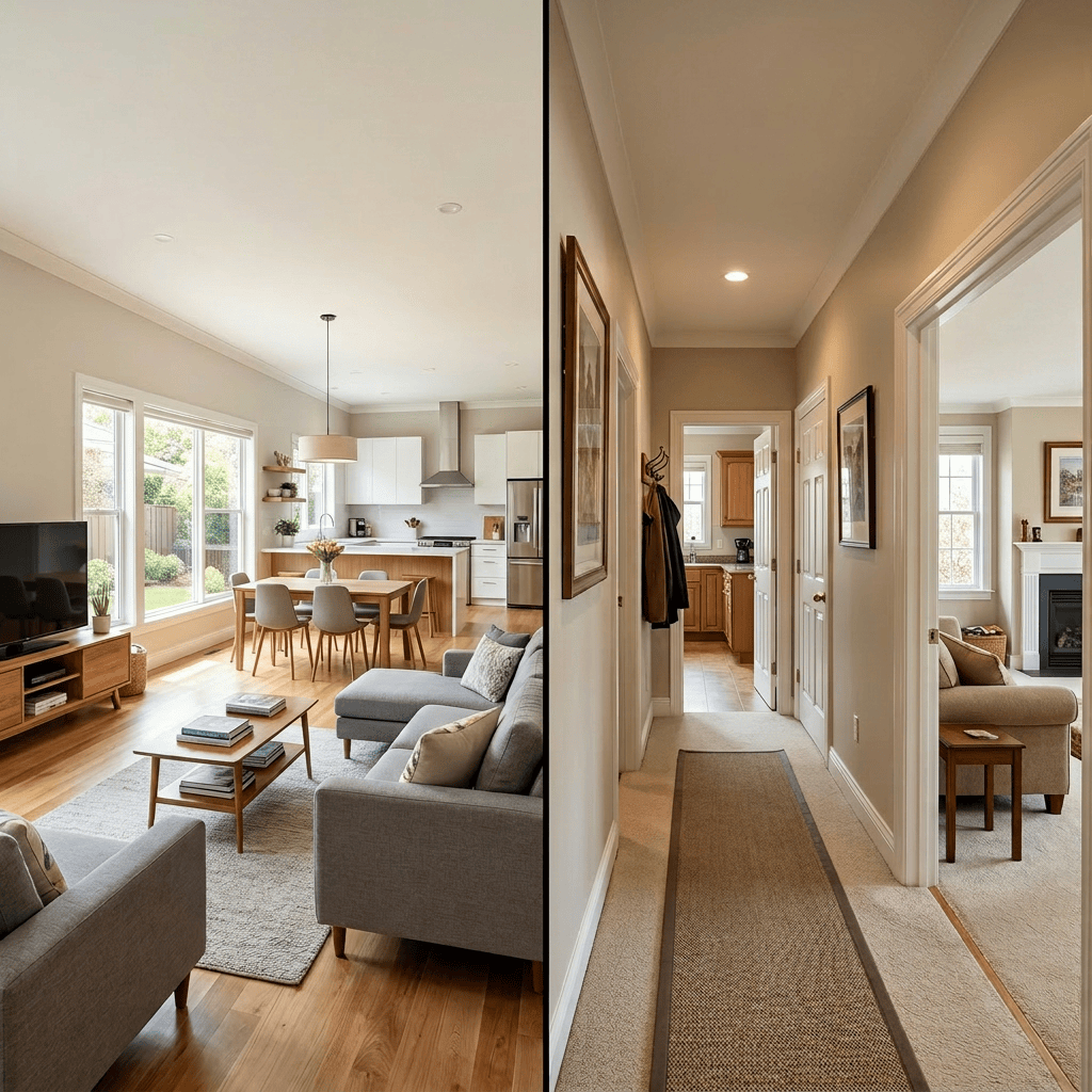 Side-by-side comparison of open plan living area with kitchen and dining combined, and closed plan living area with separate kitchen and living room