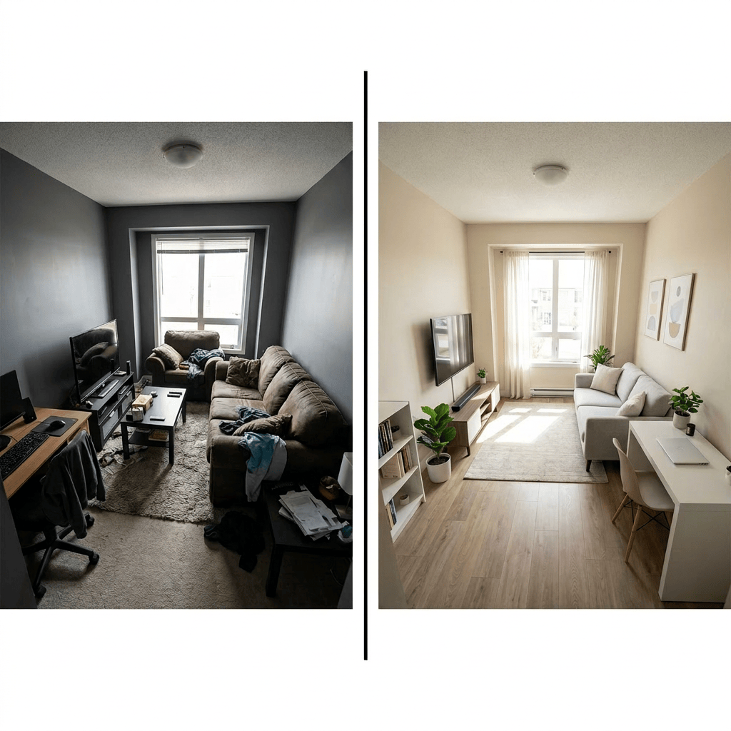 Comparison of a poorly arranged cluttered living room and an optimized, clean, and bright living room layout