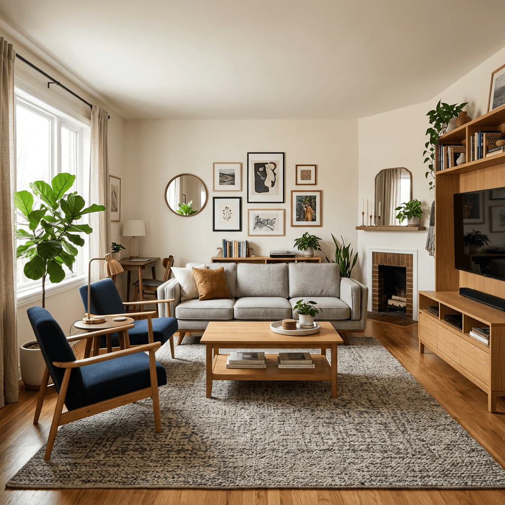 Cozy living room with gray sofa, blue armchairs, wooden furniture, plants, and wall art