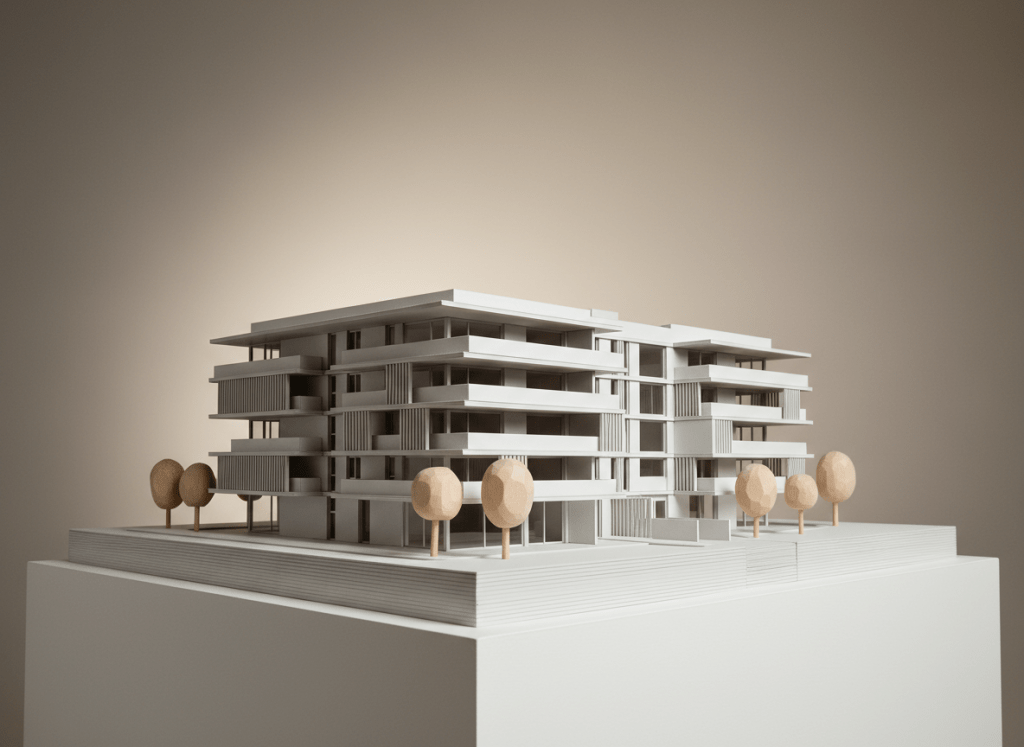 A meticulously detailed architectural scale model of a modern residential building, crafted in layered matte white and light grey card, rests on a pristine, thin-edged white display plinth. The building features elegant horizontal slabs, deep recessed terraces, and slender vertical fins, all rendered with precise, razor-sharp edges. Around it, small, simplified tree forms in pale wood indicate the landscape. The background is a soft, seamless gradient from warm grey to off-white, suggesting an infinite studio backdrop. A single directional studio light from the upper right casts defined but gentle shadows, accentuating the geometry without harshness. Photographic realism, captured from a low, three-quarter angle, with sharp focus on the model and a subtle bokeh fade, conveying innovation, precision, and refined creative process.